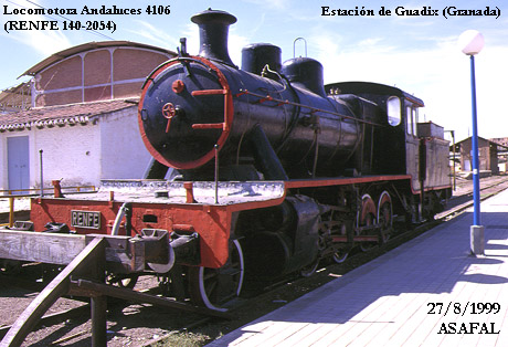 19990827 Locomotora Andaluces 4106 (RENFE 140-2054). Guadix (GR)